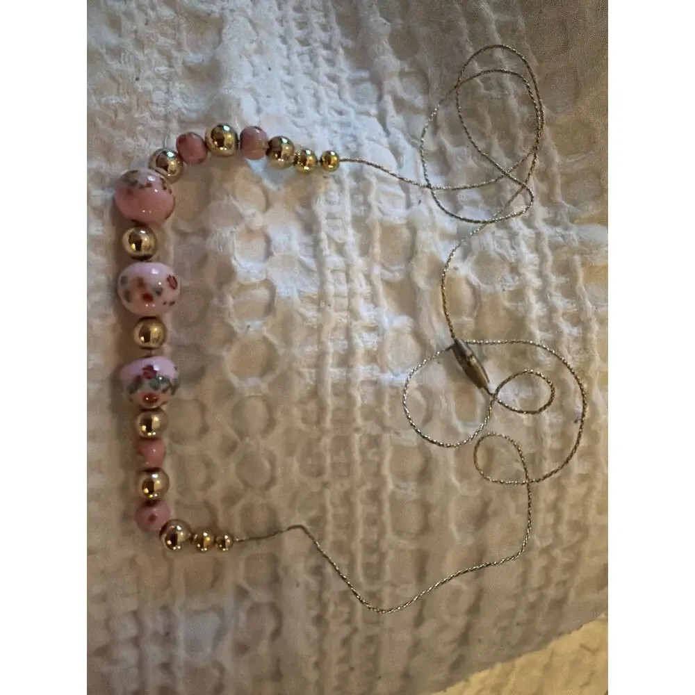 Vintage Pink Floral Art Glass Bead Necklace Silver Tone Magnetic Clasp 18" - Picture 4 of 11